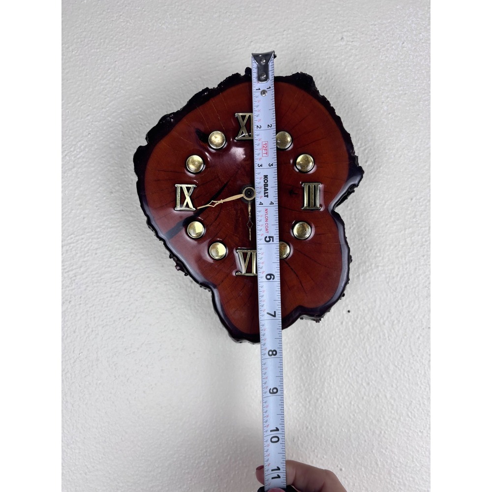 Handcrafted Red Wood Slice Wall Clock with Brass Roman Numerals - Picture 3 of 4